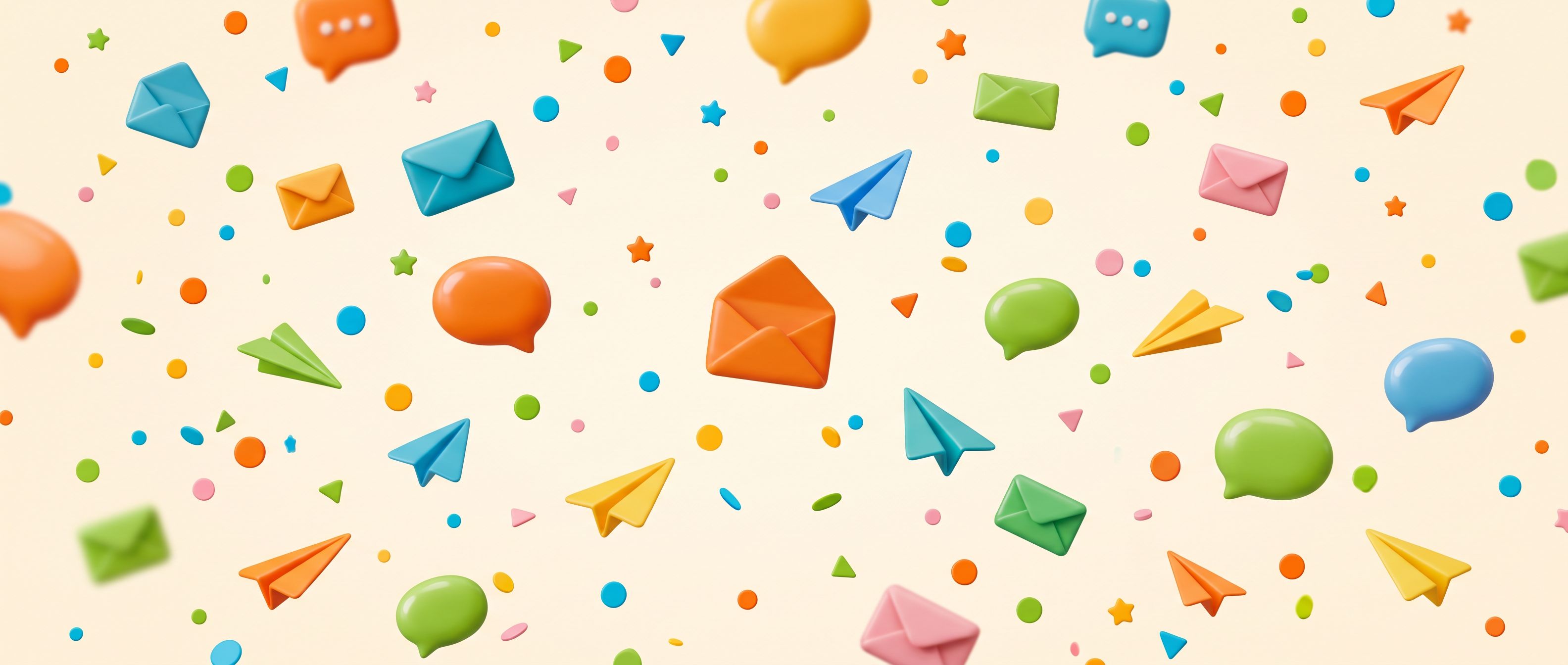 Confeti 3D de sobres, aviones y burbujas de chat