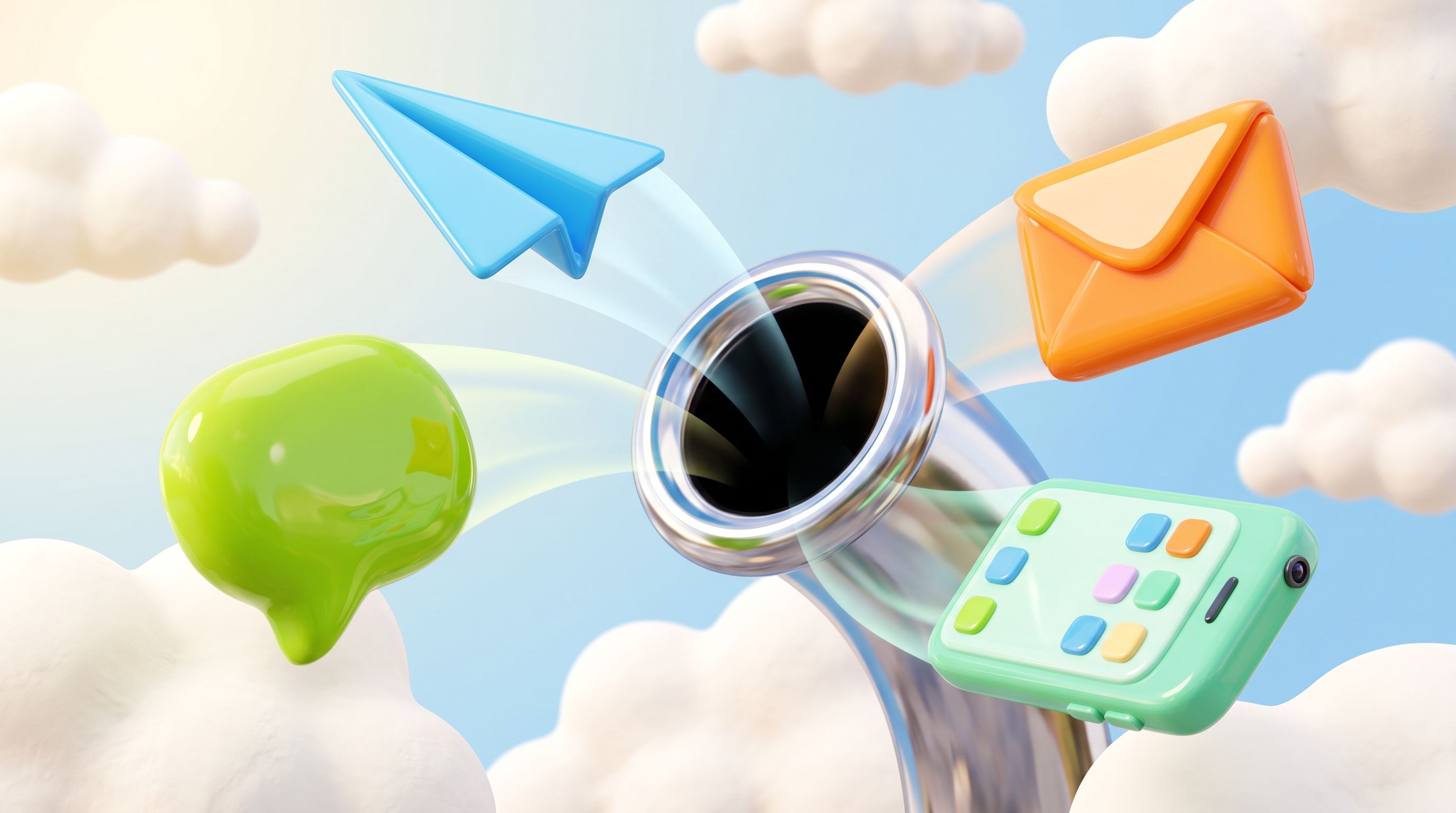 Burbujas de chat 3D, avión de papel, sobre y teléfono entrando en un mismo tubo
